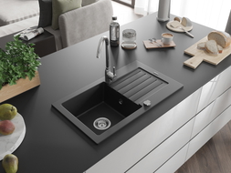 Mexen Pablo 1 skyriuje granitinis kriauklė su nusausintuvu 752 x 436 mm, juoda, chromuotas sifonas - 6510751010-77