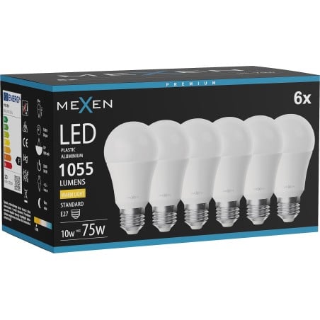Mexen Nova 6x LED lemputė E27, A60, 10W, Šilta - 3000K, 1055 lm - L100-E27-1030-01x06