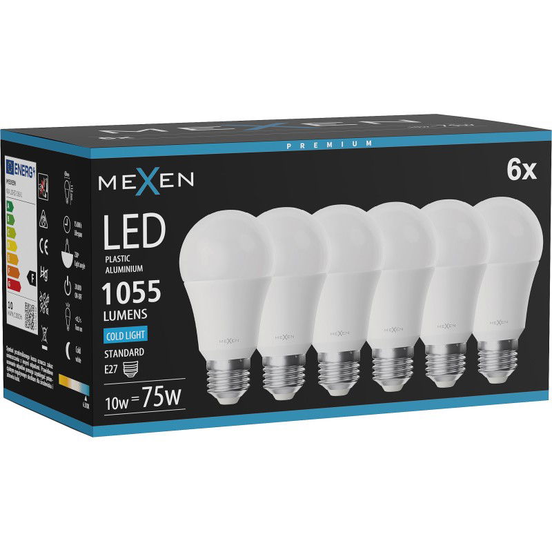 Mexen Nova 6x LED lemputė E27, A60, 10W, Šaltinė - 6500K, 1055 lm - L100-E27-1065-01x06