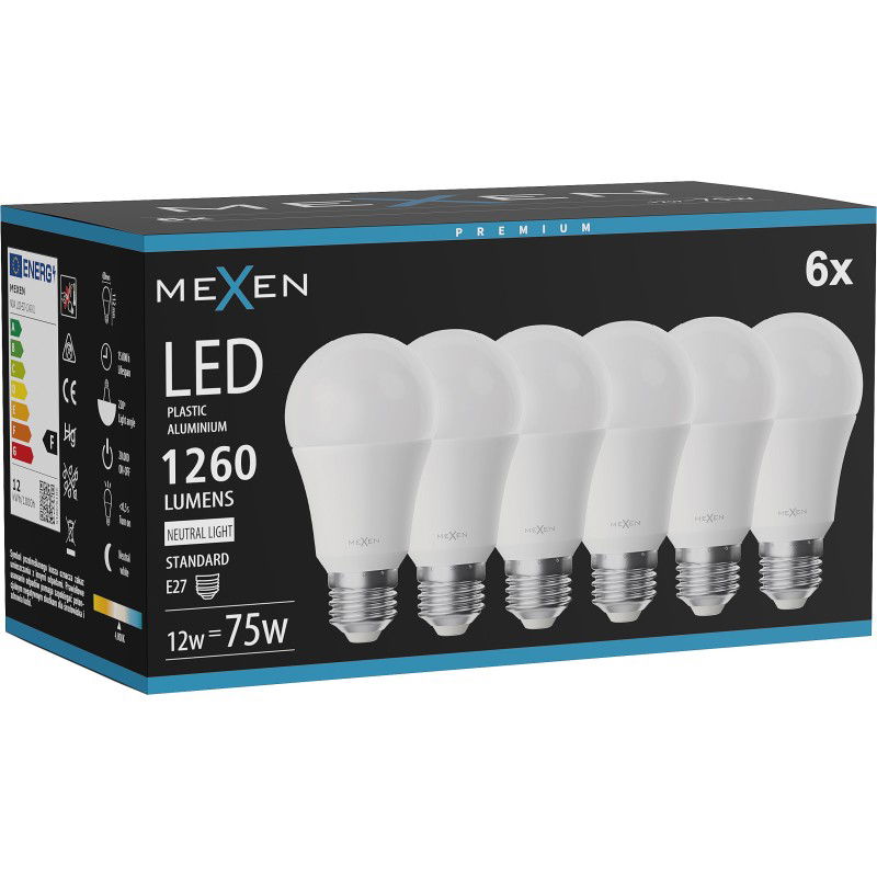 Mexen Nova 6x LED lemputė E27, A60, 12W, Neutrali - 4000K, 1260 lm - L100-E27-1240-01x06