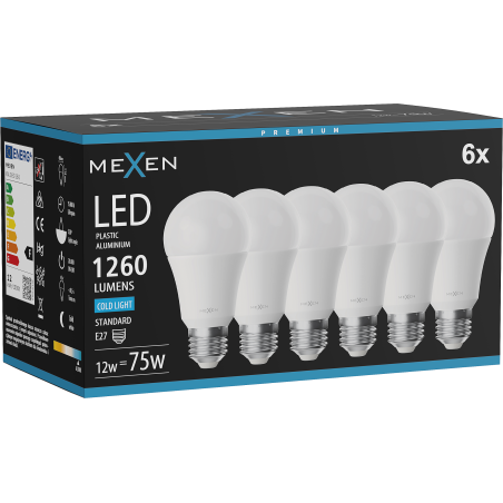 Mexen Nova 6x LED lemputė E27, A60, 12W, Šalta - 6500K, 1260 lm - L100-E27-1265-01x06
