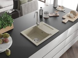 Mexen Enzo 1-jų skylių granito plautuvė su drenažu 576 x 465 mm, smėlio spalvos, chromuotas sifonas - 6506571005-69