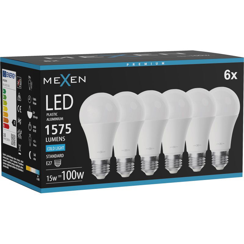 Mexen Nova 6x LED lemputė E27, A60, 15W, Šalta - 6500K, 1575 lm - L100-E27-1565-01x06