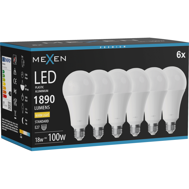 Mexen Nova 6x LED lemputė E27, A70, 18W, Šilta - 3000K, 1890 lm - L100-E27-1830-01x06