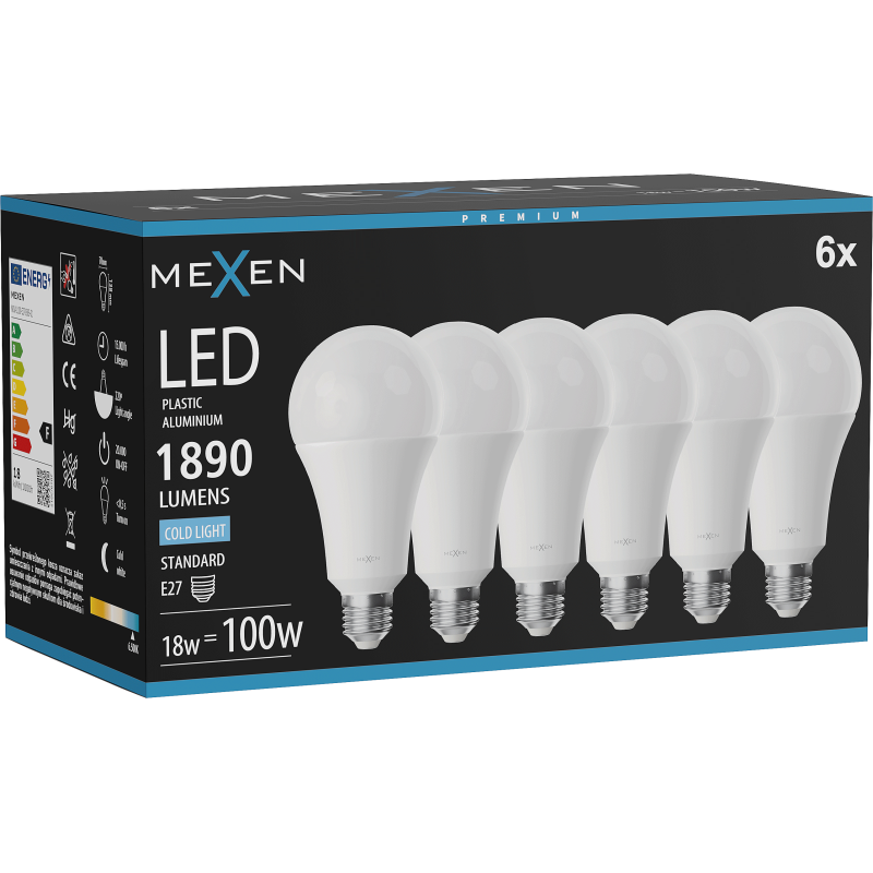 Mexen Nova 6x LED lemputė E27, A70, 18W, Šaltas - 6500K, 1890 lm - L100-E27-1865-01x06