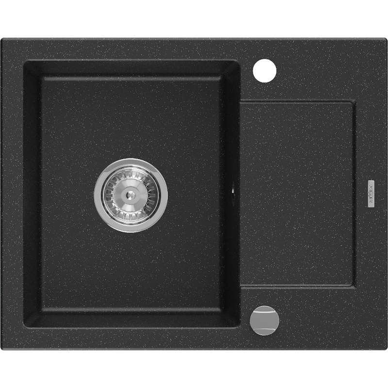 Mexen Enzo granitinė vienos kameros plautuvė su nubėgimo zona 576 x 465 mm, juoda/sidabrinė metalika, chromuotas sifonas