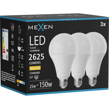 Mexen Nova 3x LED lemputė E27, A95, 25W, Šilta - 3000K, 2625 lm - L100-E27-2530-01x03