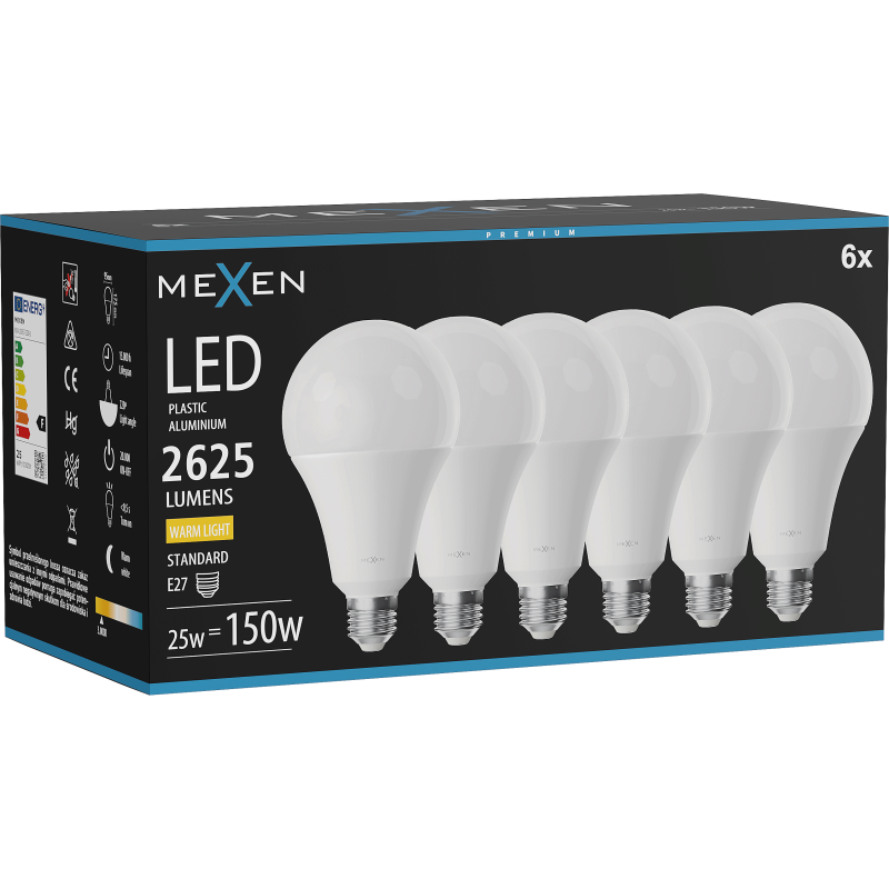 Mexen Nova 6x LED lemputė E27, A95, 25W, Šilta - 3000K, 2625 lm - L100-E27-2530-01x06