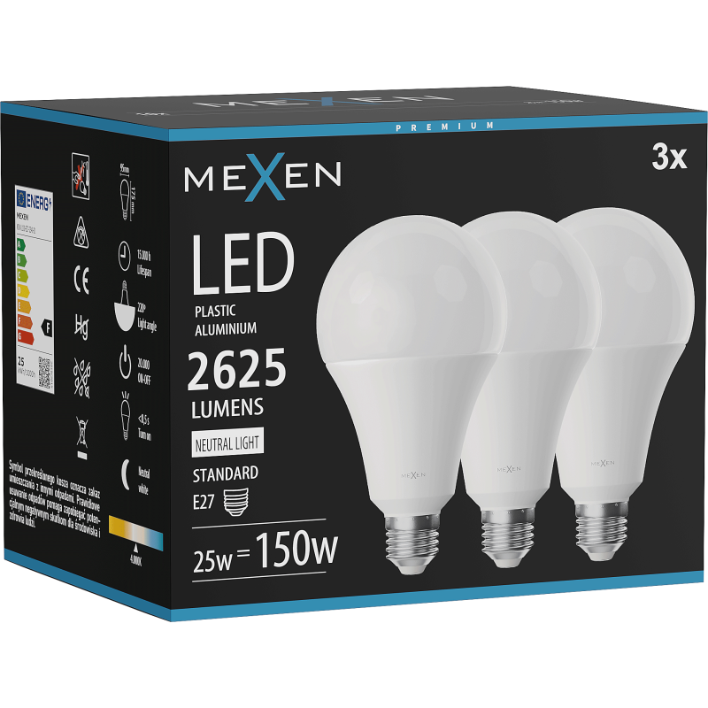 Mexen Nova 3x LED lemputė E27, A95, 25W, Neutralus - 4000K, 2625 lm - L100-E27-2540-01x03