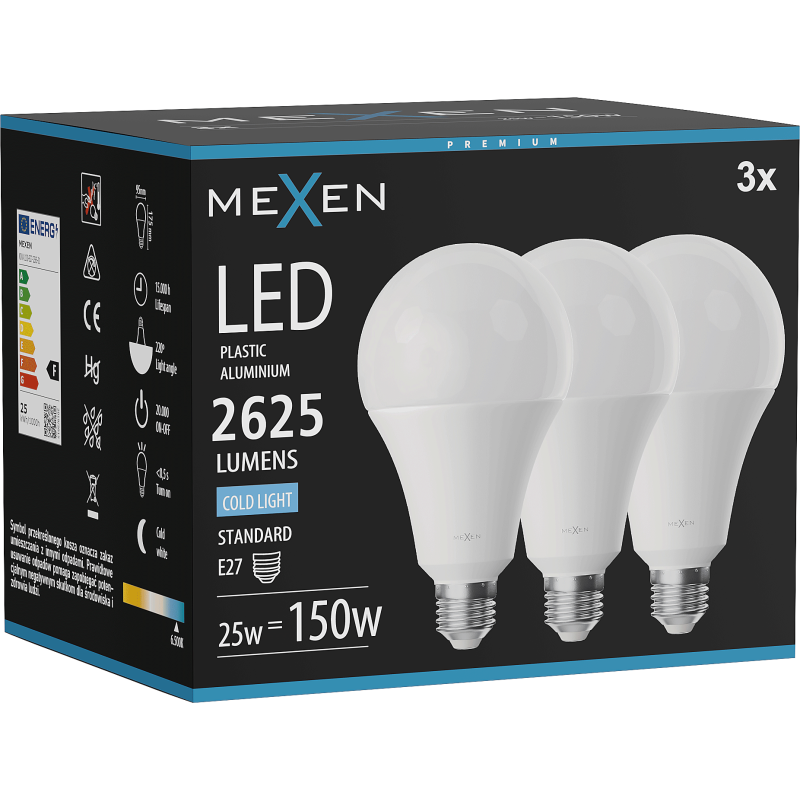 Mexen Nova 3x LED lemputė E27, A95, 25W, Šalta - 6500K, 2625 lm - L100-E27-2565-01x03