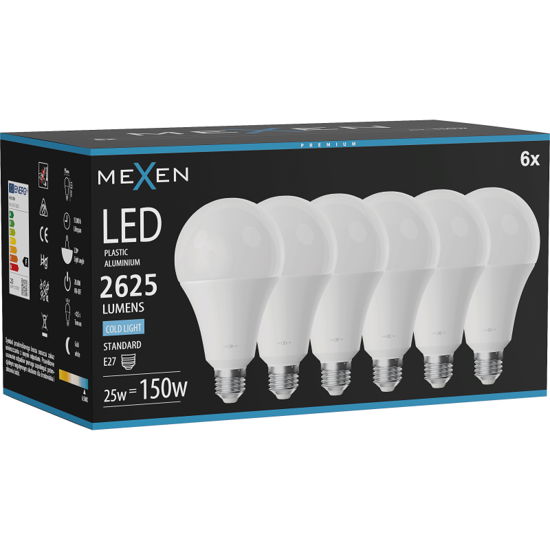 Mexen Nova 6x LED lemputė E27, A95, 25W, šaltai balta - 6500K, 2625 lm - L100-E27-2565-01x06