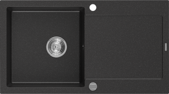 Mexen Leo granitinė vienos kameros kriauklė su nubėgėju 900 x 500 mm, juoda/sidabrinis metalikas, chromuotas sifonas