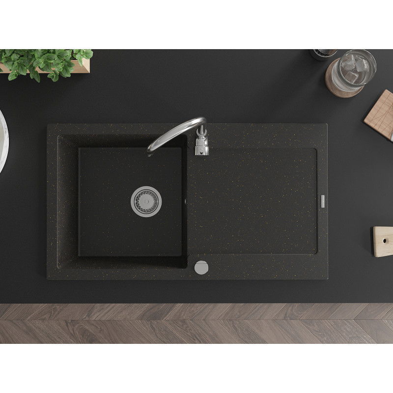 Mexen Leo granitinė vienos kameros plautuvė su nusausintuvu 900 x 500 mm, juoda/auksinė metalika, chromo sifonas