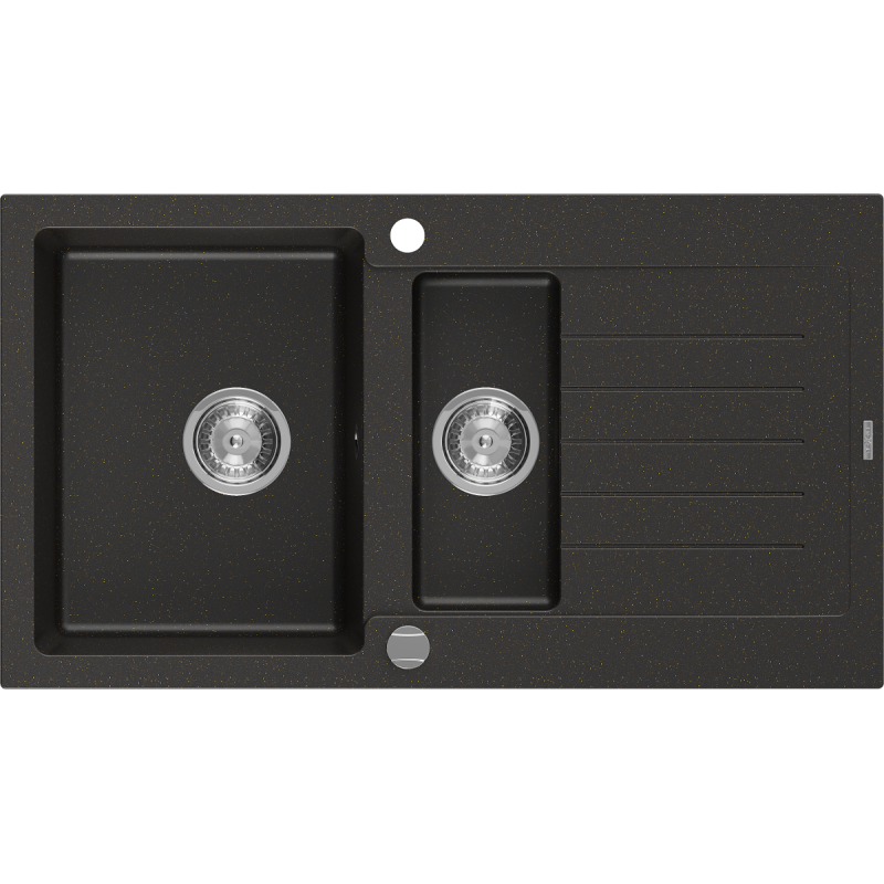 Mexen Matias granitinė 1,5 kamerų kriauklė su nutekėjimu 900 x 505 mm, juoda/auksinė metalinė, chromuotas sifonas