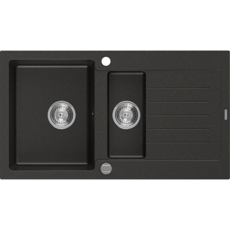 Mexen Matias granitinė 1,5 kamerų kriauklė su nutekėjimu 900 x 505 mm, juoda/auksinė metalinė, chromuotas sifonas