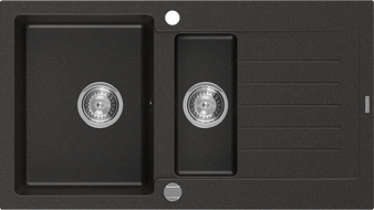 Mexen Matias granitinė 1,5 kamerų kriauklė su nutekėjimu 900 x 505 mm, juoda/auksinė metalinė, chromuotas sifonas