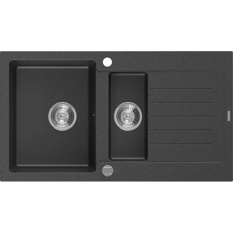 Mexen Matias granitinė 1,5 skyrių kriauklė su nutekamuoju paviršiumi 900 x 505 mm, juoda dėmėta, chromuotas sifonas