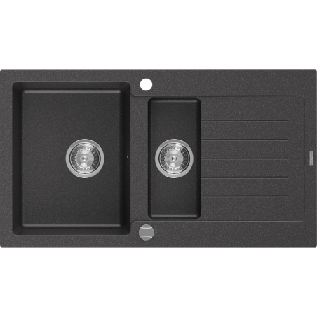 Mexen Matias granitinė 1,5 skyrių kriauklė su nutekamuoju paviršiumi 900 x 505 mm, juoda dėmėta, chromuotas sifonas