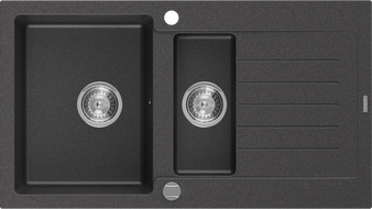 Mexen Matias granitinė 1,5 skyrių kriauklė su nutekamuoju paviršiumi 900 x 505 mm, juoda dėmėta, chromuotas sifonas