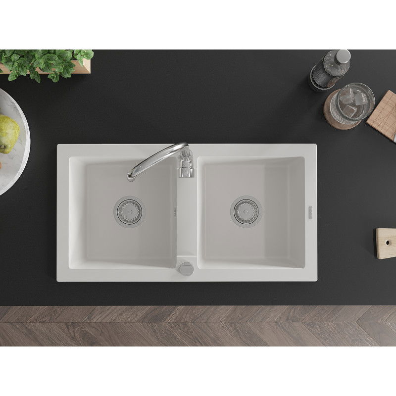 Mexen Mario granito plautuvė 2-jų skyrių 820 x 436 mm, balta, chromuota sifono - 6504822000-20