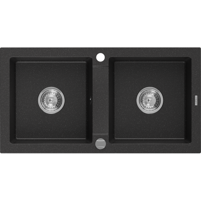 Mexen Mario granitinis kriauklė 2 skylių 820 x 436 mm, juoda/sidabrinė metalik, chromo sifonas - 6504822000-73