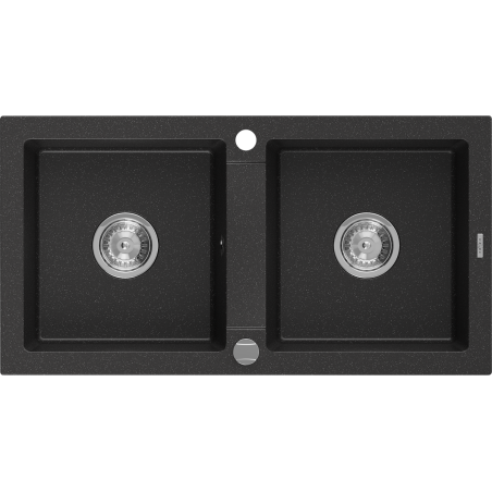 Mexen Mario granitinis kriauklė 2 skylių 820 x 436 mm, juoda/sidabrinė metalik, chromo sifonas - 6504822000-73
