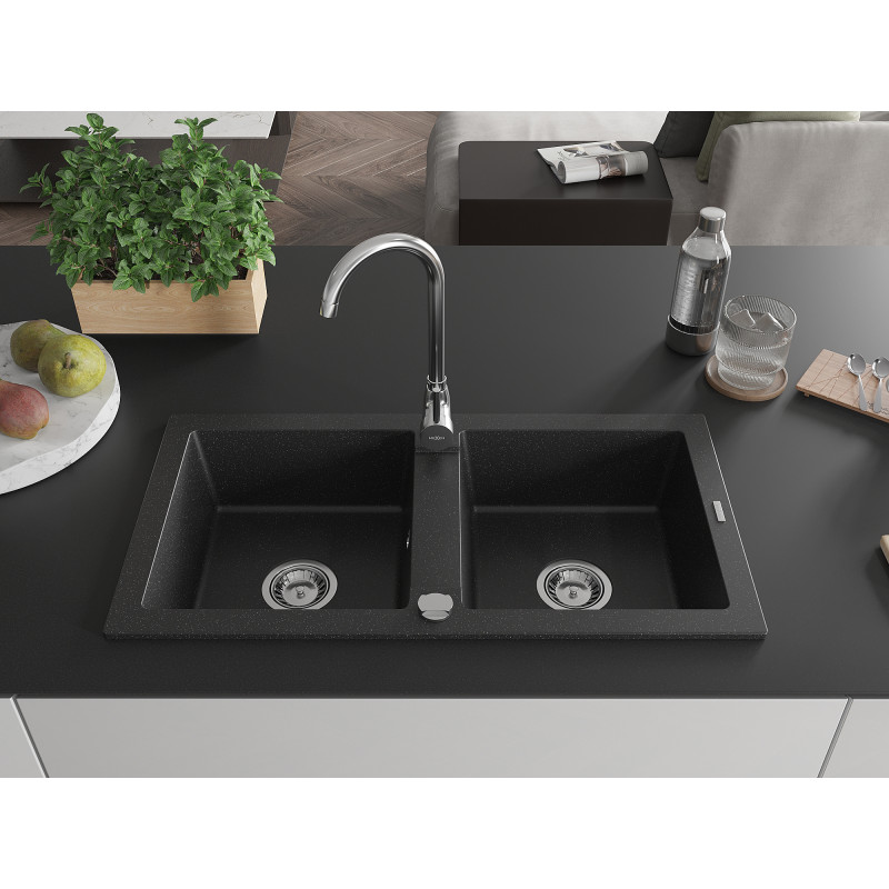 Mexen Mario 2 kamerų granito plautuvė 820 x 436 mm, juoda/sidabrinė metalika, chrominis sifonas - 6504822000-73