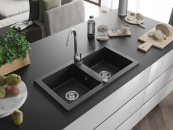 Mexen Mario 2 kamerų granito plautuvė 820 x 436 mm, juoda/sidabrinė metalika, chrominis sifonas - 6504822000-73