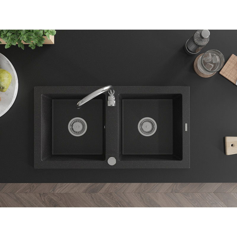 Mexen Mario granitinis kriauklė 2 skylių 820 x 436 mm, juoda/sidabrinė metalik, chromo sifonas - 6504822000-73