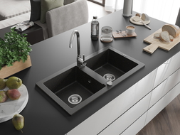 Mexen Mario dviguba granitinė plautuvė 820 x 436 mm, Juoda/Auksinė metallic - 6504822000-75