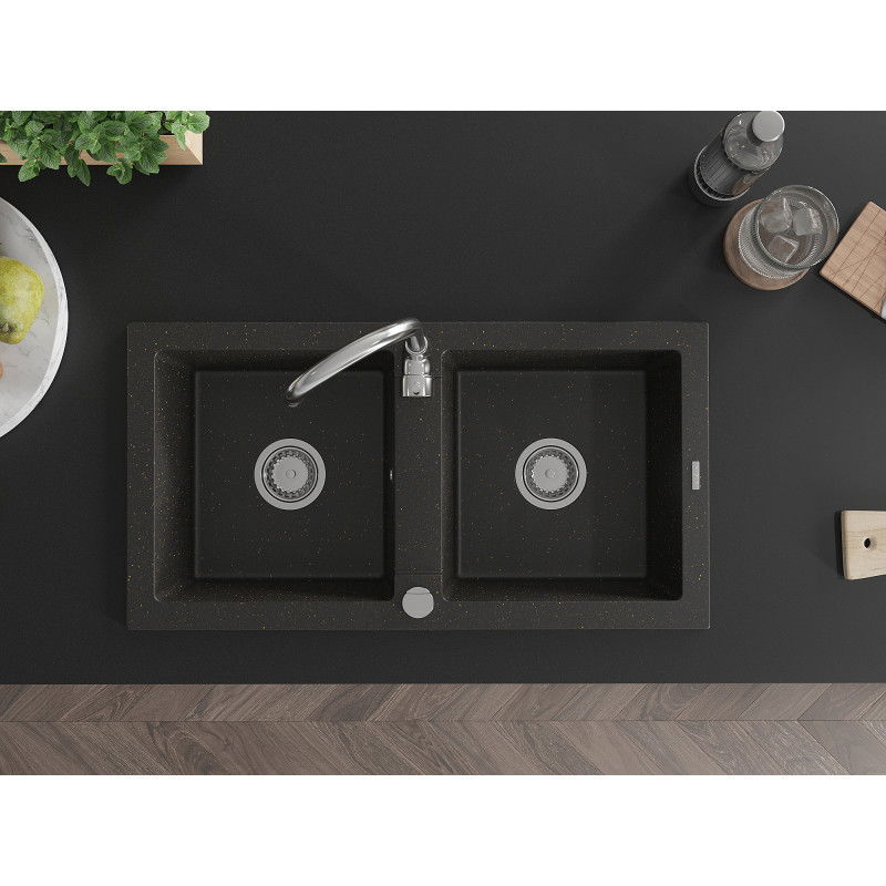 Mexen Mario granitinė dviejų skyrių plautuvė 820 x 436 mm, juoda/auksinis metalikas, chromuotas sifonas - 6504822000-75