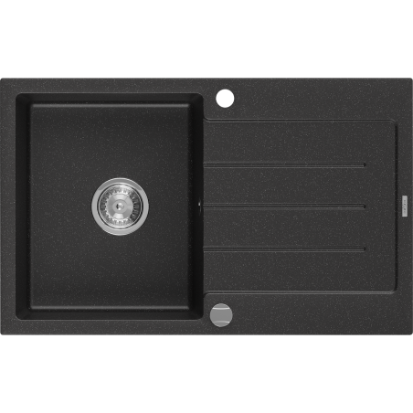 Mexen Bruno granitinė vienos kameros plautuvė su nutekėjimu 795 x 495 mm, juodas/sidabrinis metalikas, chromo sifonas