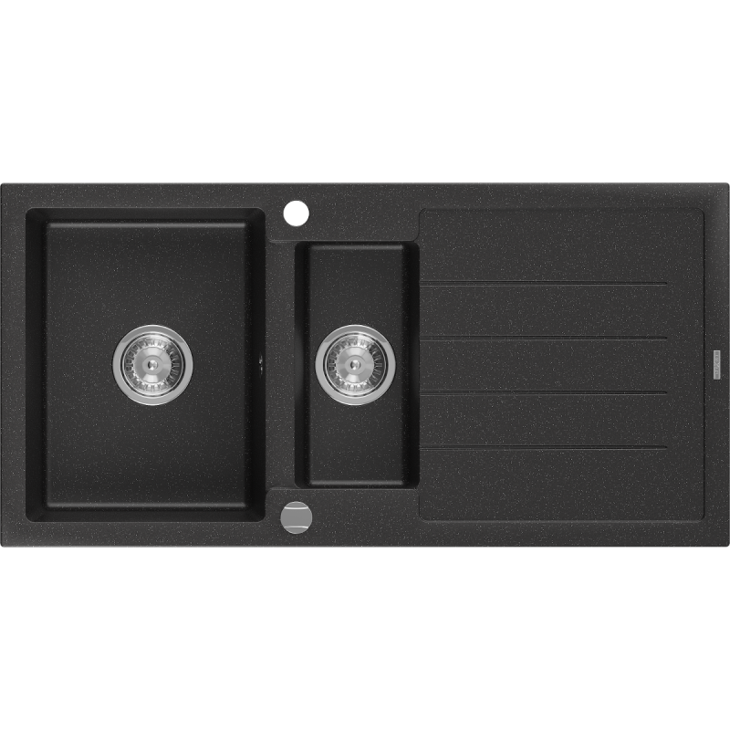 Mexen Andres granitinė plautuvė 1,5 skyrių su nusausintuvu 1000 x 500 mm, juoda/sidabrinis metalikas, chromuotasis sifonas
