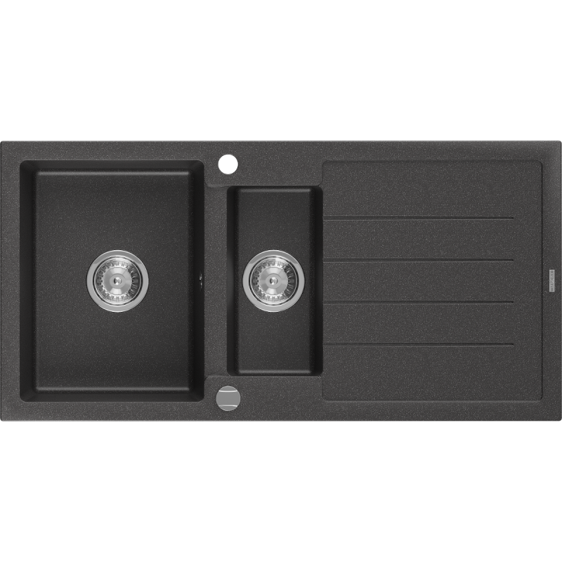 Mexen Andres granitinė 1,5-kamerinė kriauklė su nusausintoju 1000 x 500 mm, juoda su dėmėmis, chromuotas sifonas