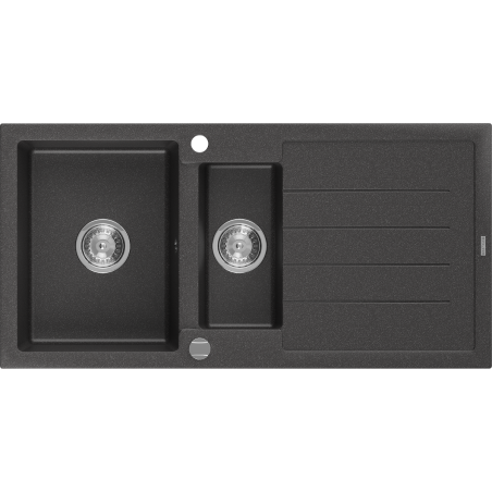 Mexen Andres granitinė 1,5-kamerinė kriauklė su nusausintoju 1000 x 500 mm, juoda su dėmėmis, chromuotas sifonas