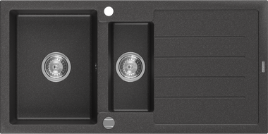 Mexen Andres granitinė 1,5-kamerinė kriauklė su nusausintoju 1000 x 500 mm, juoda su dėmėmis, chromuotas sifonas