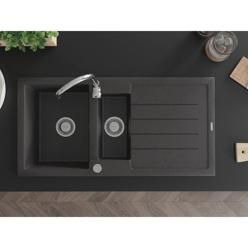 Mexen Andres granitinė 1,5-kamerinė kriauklė su nusausintoju 1000 x 500 mm, juoda su dėmėmis, chromuotas sifonas