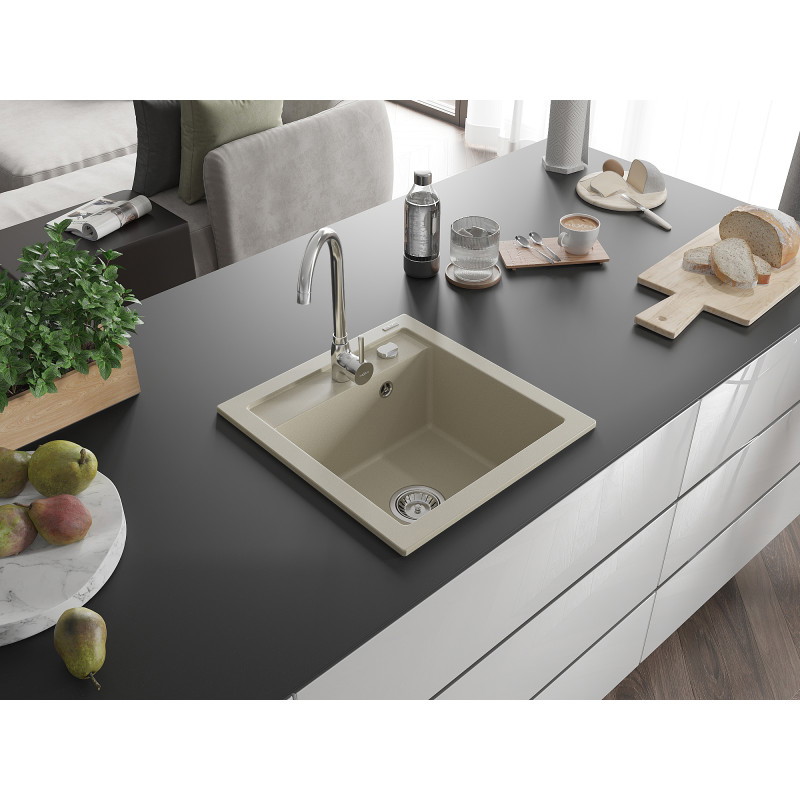 Mexen Vito granitinė virtuvės kriauklė su viena talpa 520 x 490 mm, smėlio spalvos, chromuota sifonas - 6503521000-69