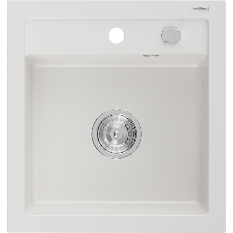 Mexen Vito granito plautuvė su vienu dubeniu 520 x 490 mm, balta, chromuotas sifonas - 6503521000-20