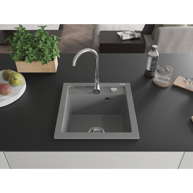 Mexen Vito granitinė vienos kameros plautuvė 520 x 490 mm, pilka, chromuotas sifonas - 6503521000-71