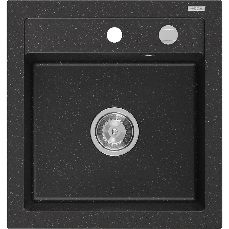 Mexen Vito granito plautuvė su vienu dubeniu 520 x 490 mm, juoda/sidabrinis metalikas, chromuotas sifonas - 6503521000-73