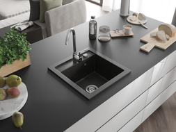 Mexen Vito granitinė plautuvė su 1 skyrium 520 x 490 mm, juoda/auksinis metalikas, chromo sifonas - 6503521000-75