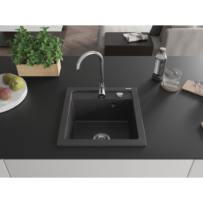 Mexen Vito granitinė vienos kameros virtuvinė kriauklė 520 x 490 mm, juoda marginta, chromuotas sifonas - 6503521000-76