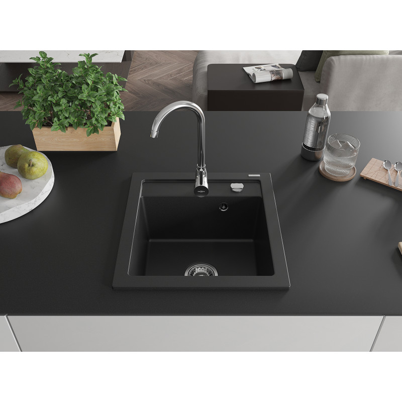Mexen Vito granitinė kriauklė, 1 skyrius, 520 x 490 mm, juoda, chromuotas sifonas - 6503521000-77