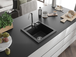 Mexen Vito granitinė kriauklė, 1 skyrius, 520 x 490 mm, juoda, chromuotas sifonas - 6503521000-77
