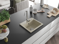 Mexen Milo granito kriauklė 1-komora 435 x 410 mm, smėlio spalvos, chromuotas sifonas - 6505441000-69
