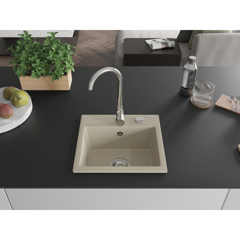 Mexen Milo granito vienos plautuvės kriauklė 435 x 410 mm, smėlio spalvos, chromo sifonas - 6505441000-69