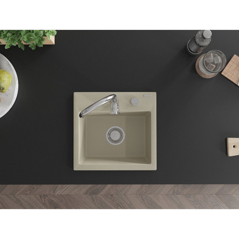 Mexen Milo granito kriauklė 1-komora 435 x 410 mm, smėlio spalvos, chromuotas sifonas - 6505441000-69