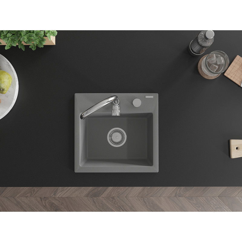 Mexen Milo granitinė vienos kameros plautuvė 435 x 410 mm, pilka, chromuotas sifonas - 6505441000-71