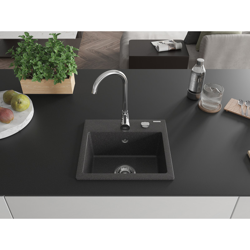Mexen Milo granitinė vienos kameros kriauklė 435 x 410 mm, juoda taškuota, chromuotas sifonas - 6505441000-76